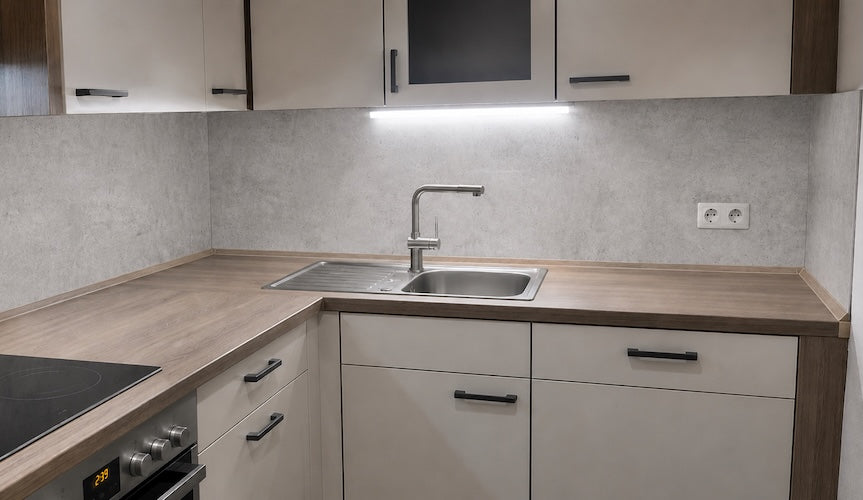 La même cuisine après, avec la crédence Béton