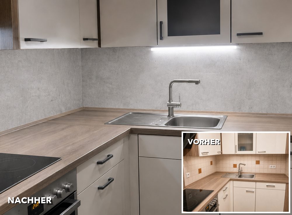 Cuisine effet béton : crédence carrelée avant, crédence adhésive pour cuisine danario après