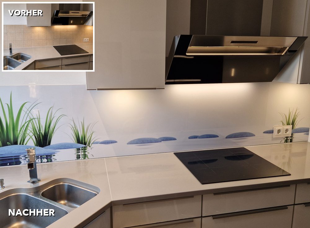 Cuisine avec le motif Galets : carrelage clair avant, crédence adhésive pour cuisine danario après