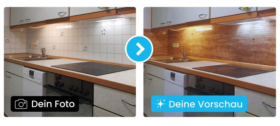 Küche vorher mit gefliestem Spritzschutz, danach mit danario Küchenrückwand in Holzoptik